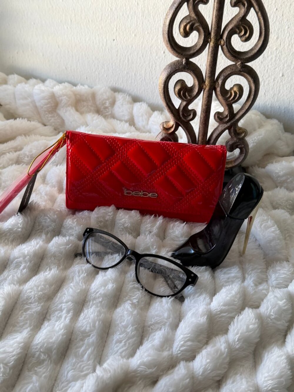 bebe Cameron Red Patent Look Quilted Trifold Wallet NWT